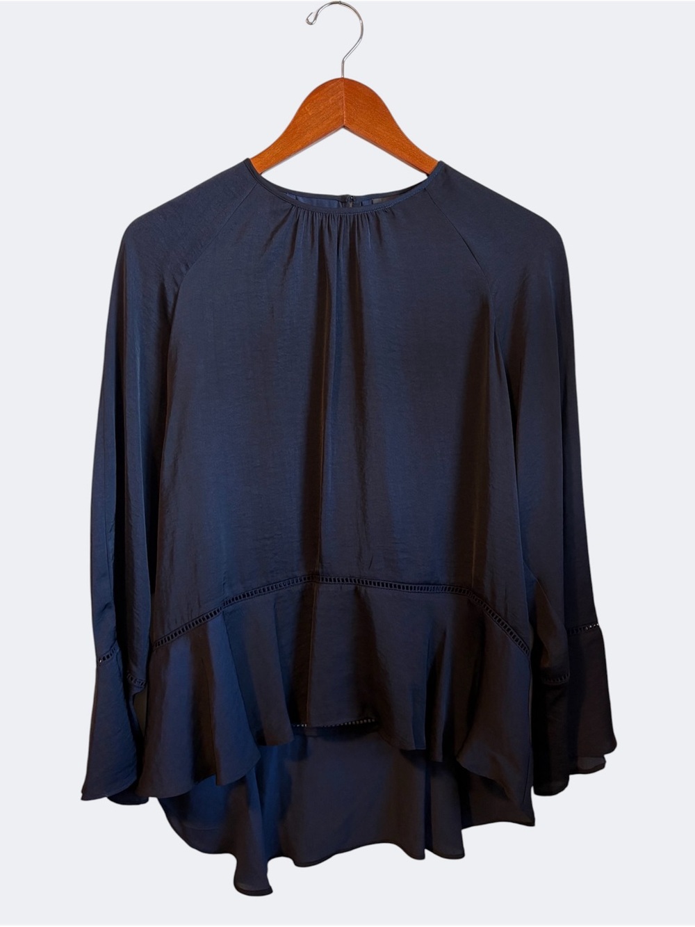 Mossimo Navy Blue Flowy Peplum Blouse Cotton Ladder Lace Trim Bell Sleeve S